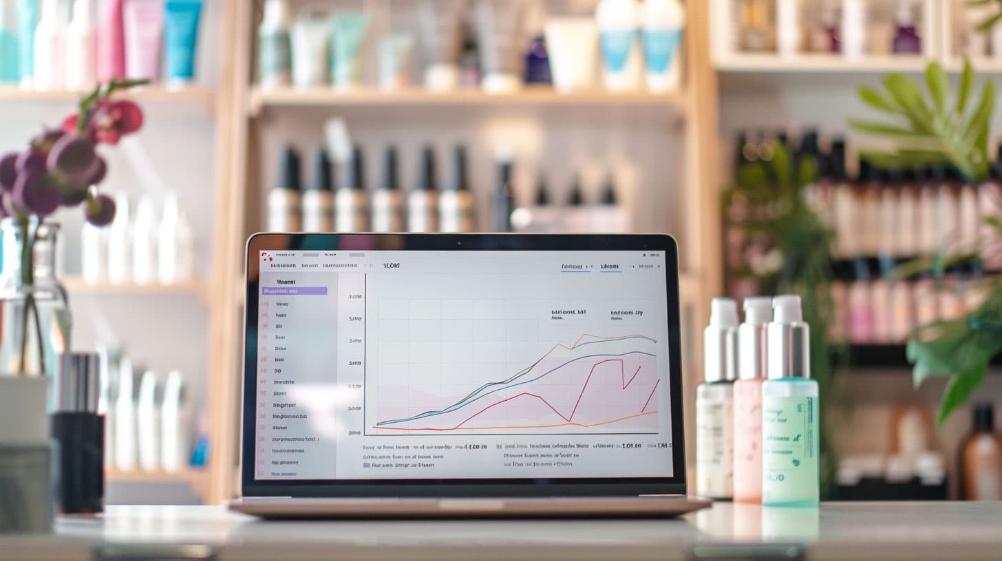 a laptop on a table with bottles of shampoo