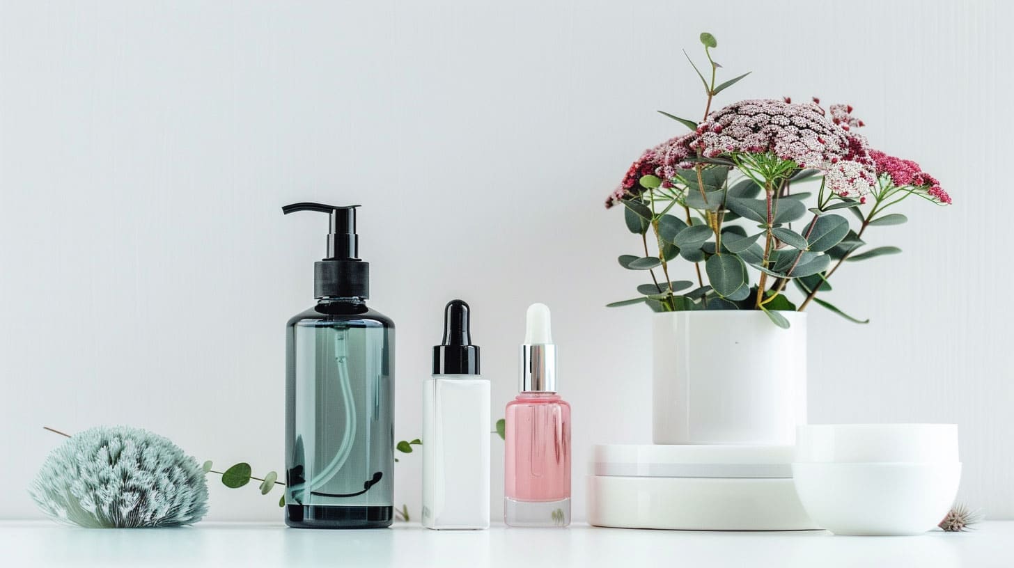 a group of bottles next to a plant