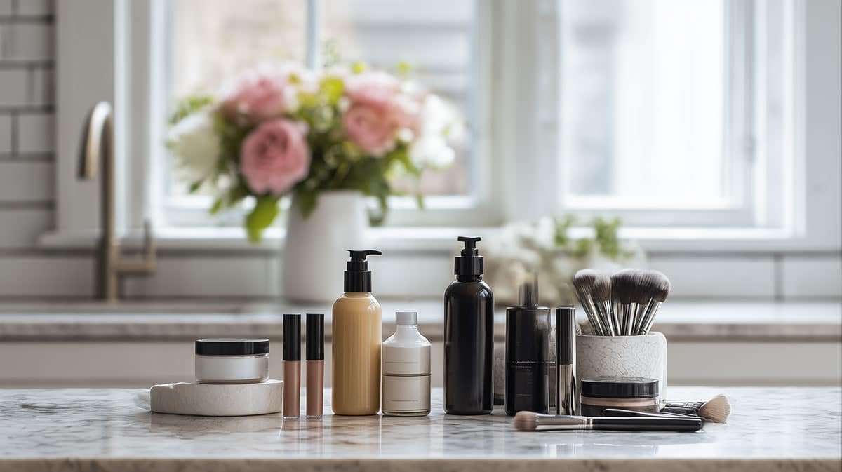 a group of makeup products on a counter