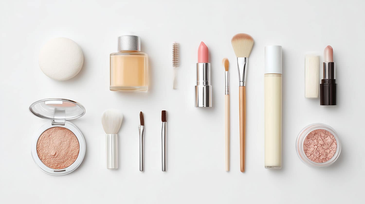 a group of makeup brushes and makeup products