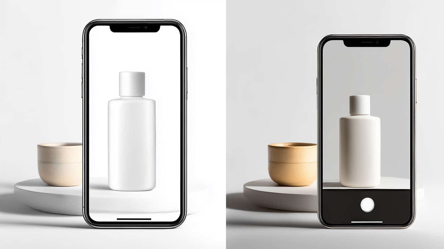 a cell phone with a white bottle and a black cup