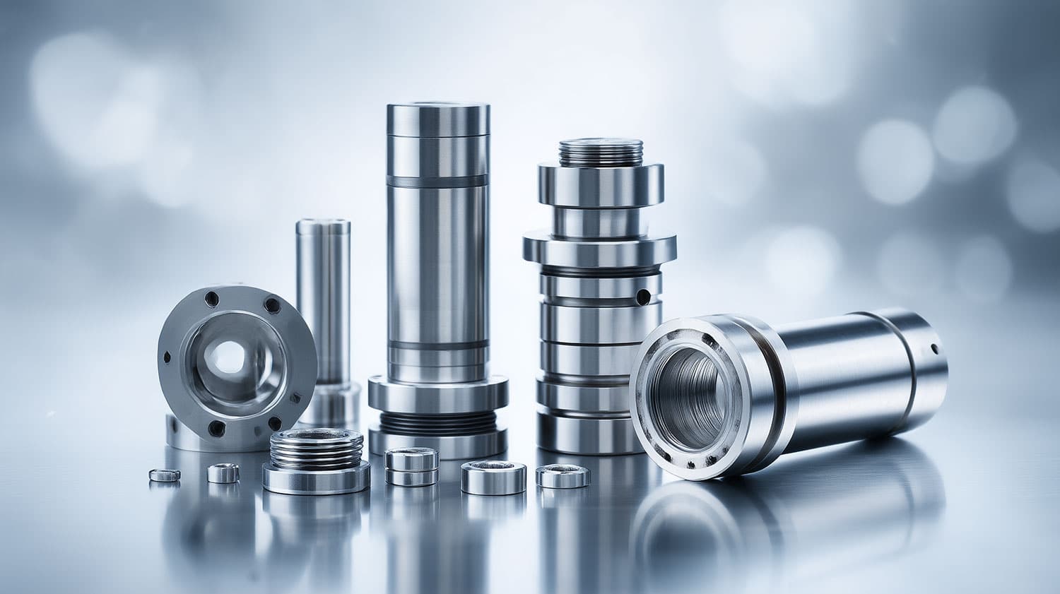 Shiny metallic machine components arranged artistically.