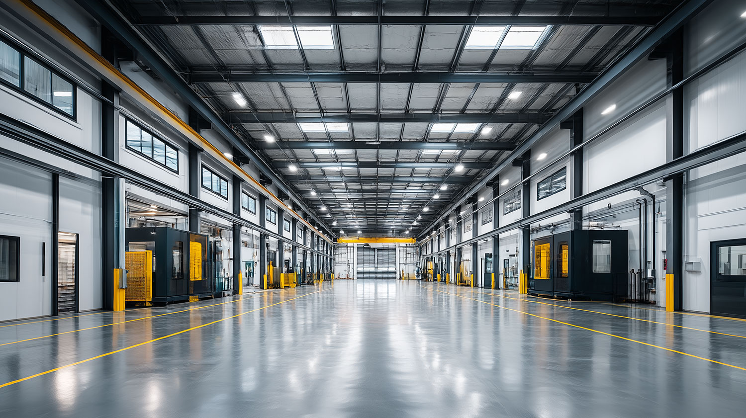 Spacious, modern industrial warehouse interior.