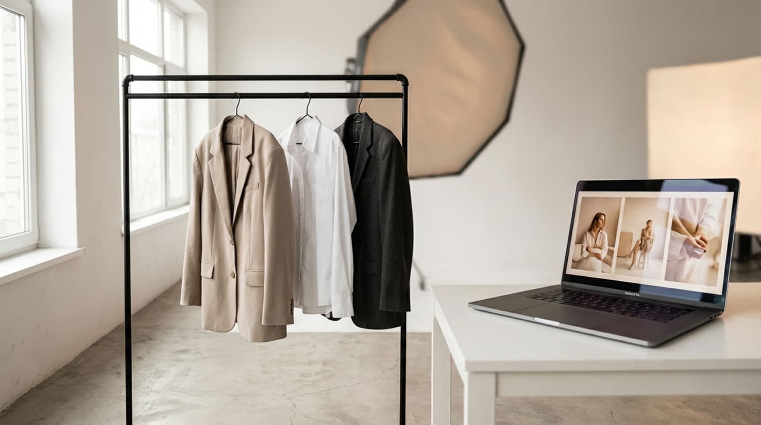 Clothes rack beside a laptop.