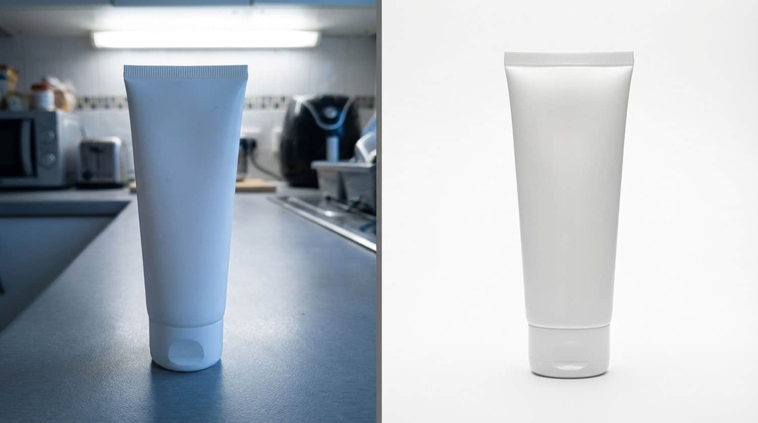 Two white cosmetic tubes on surfaces