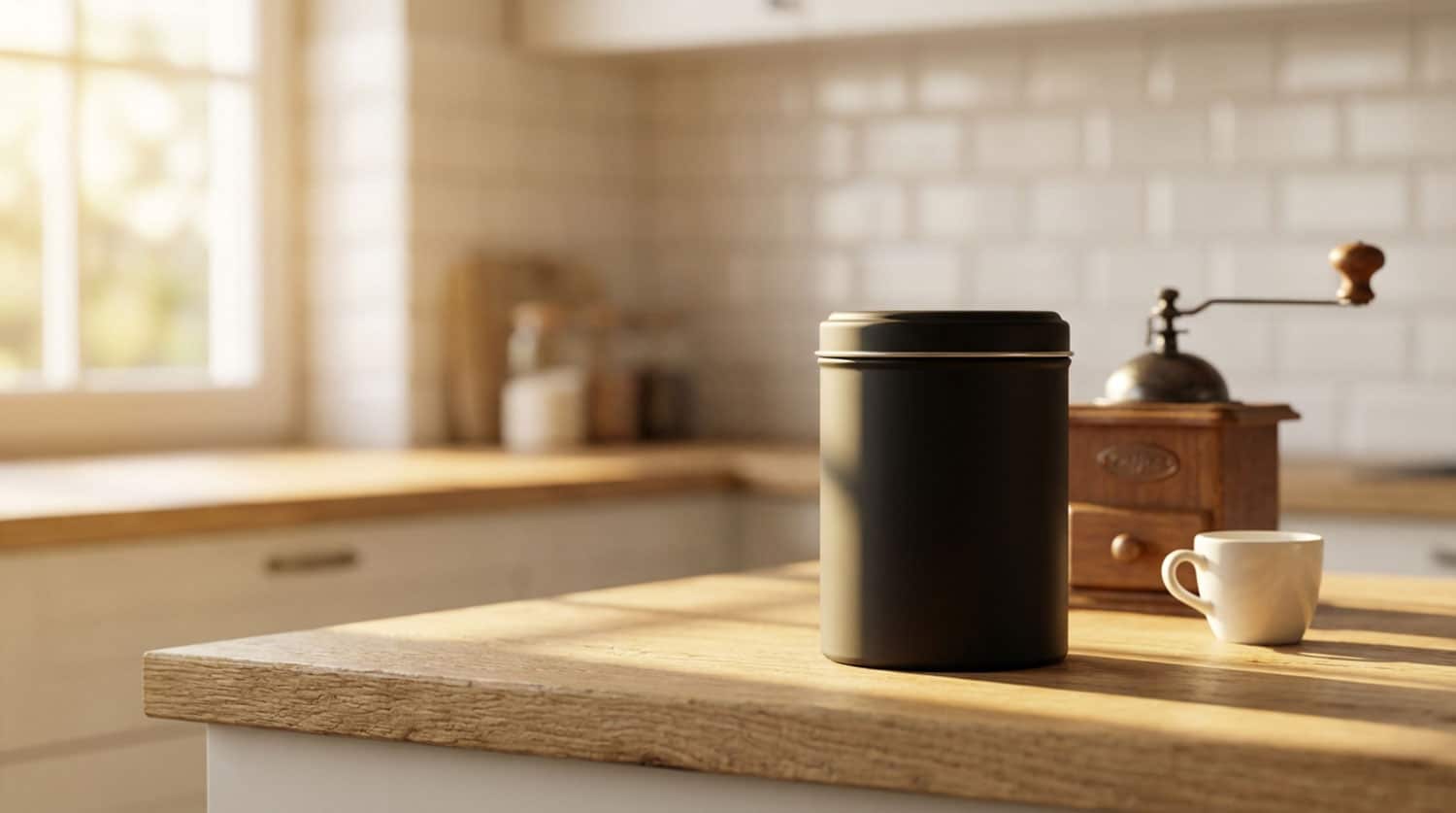 Black container on wooden kitchen counter