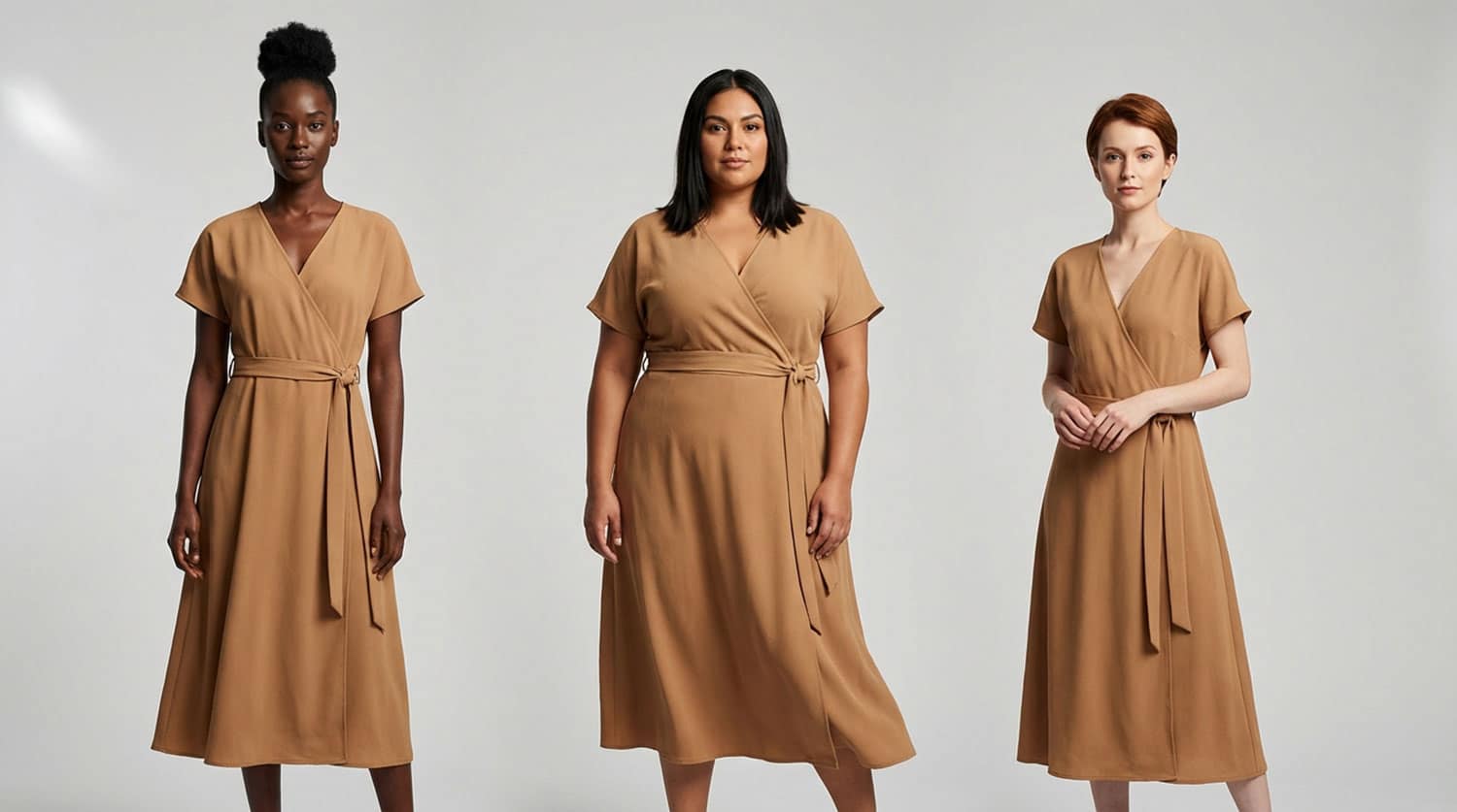 Three women wearing brown wrap dresses.