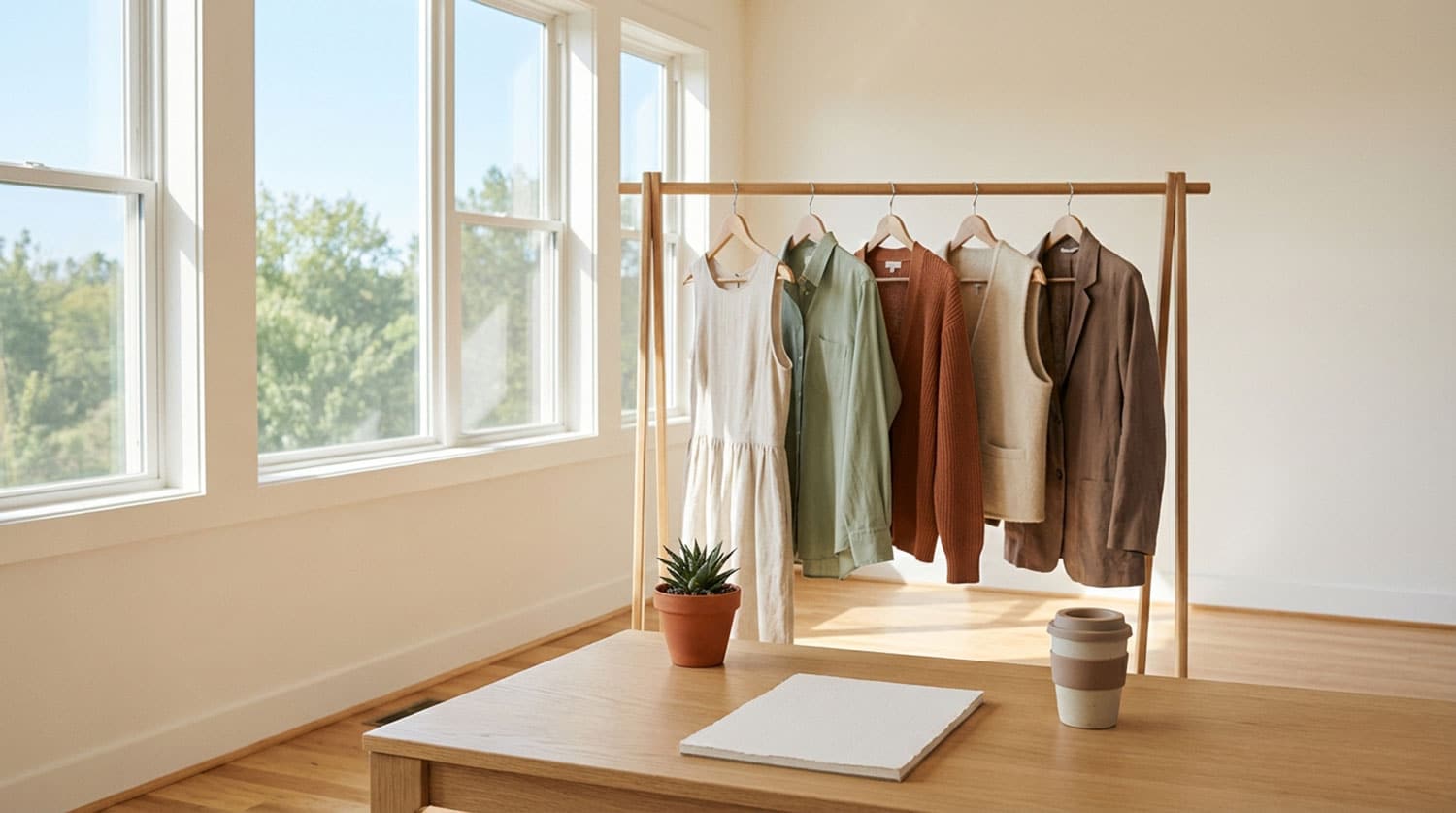 Clothes displayed on a wooden rack