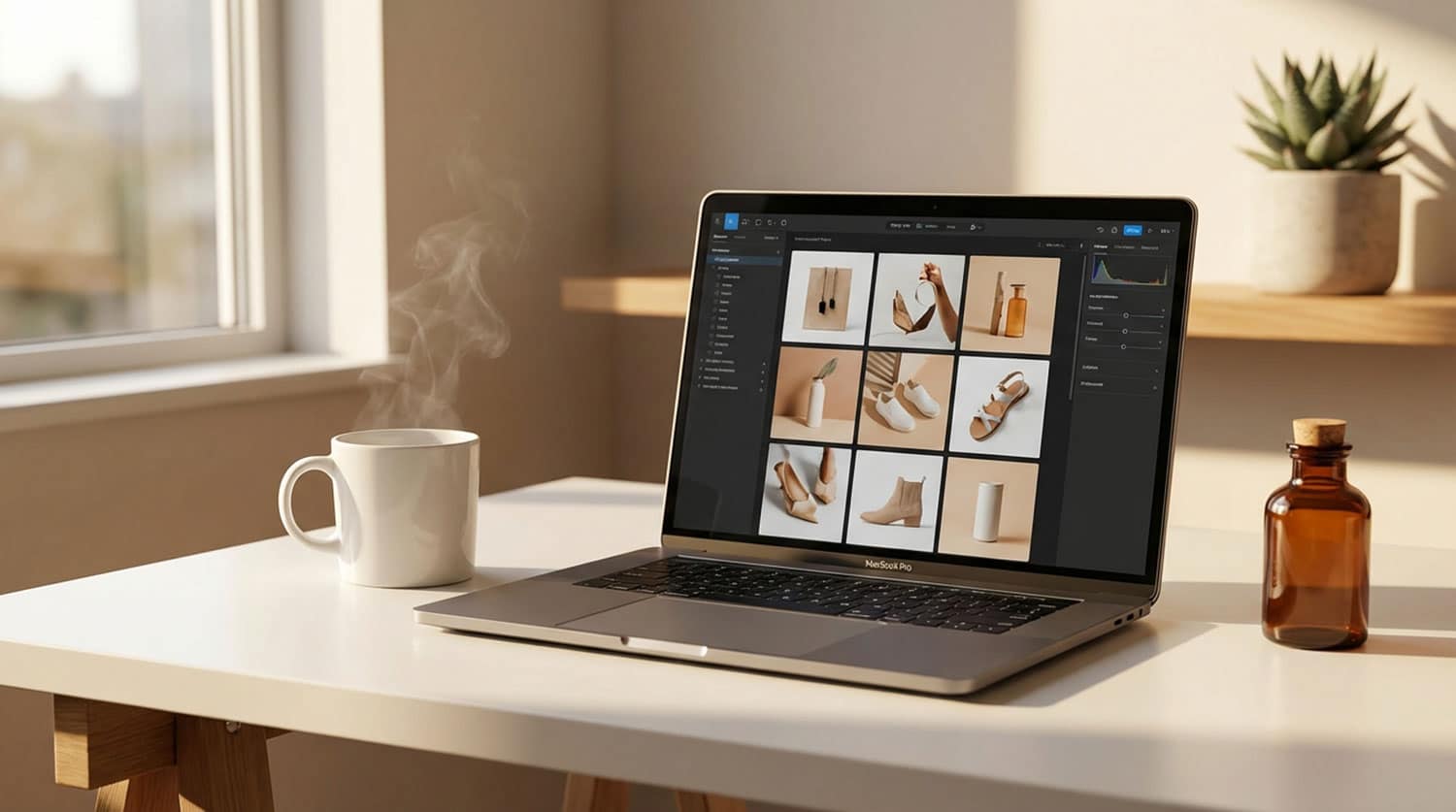 Laptop displaying fashion product images.