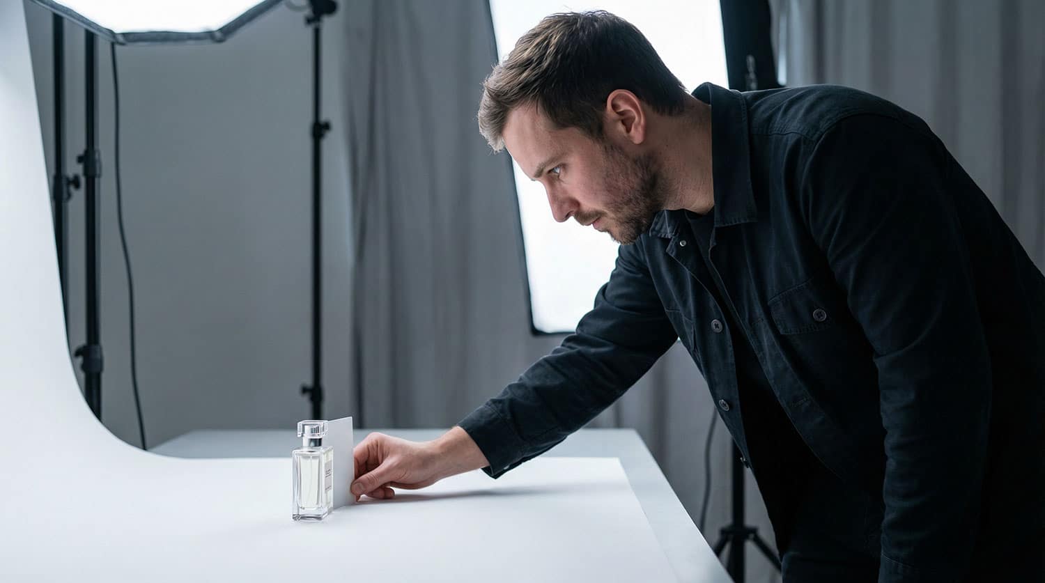 Person arranging perfume bottle for photography.
