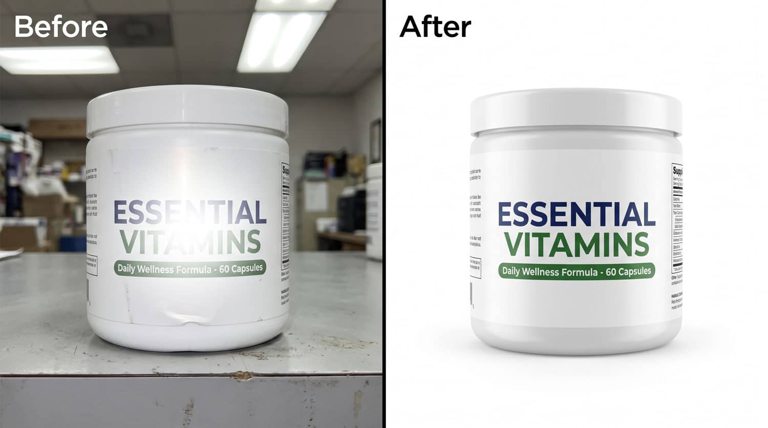 supplement product photography UK before and after — professional studio lighting versus amateur setup
