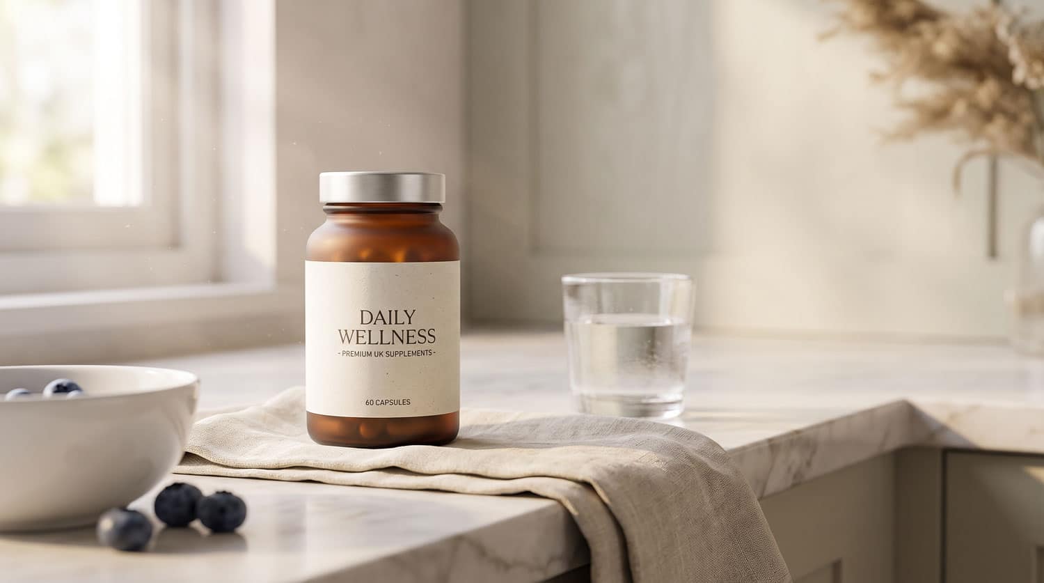 supplement product photography UK lifestyle scene — compliant morning wellness context for health brand