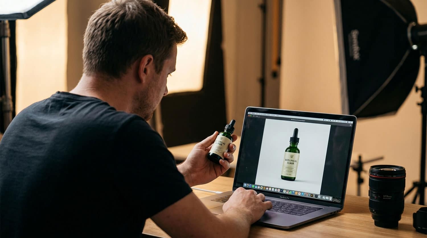 AI product photography mistakes — photographer comparing product to screen in studio