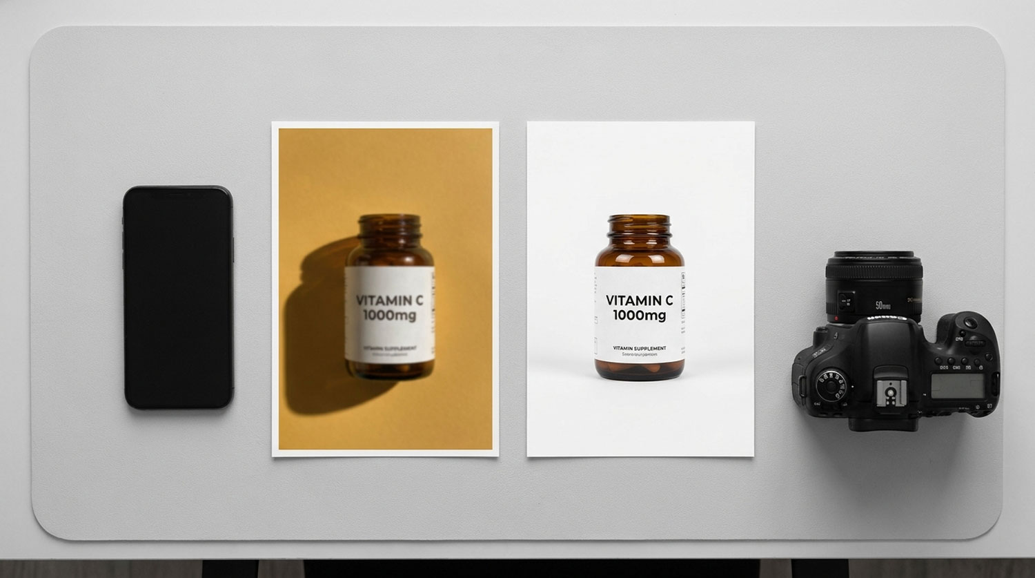 AI product photography mistakes — phone snapshot versus professional studio source image