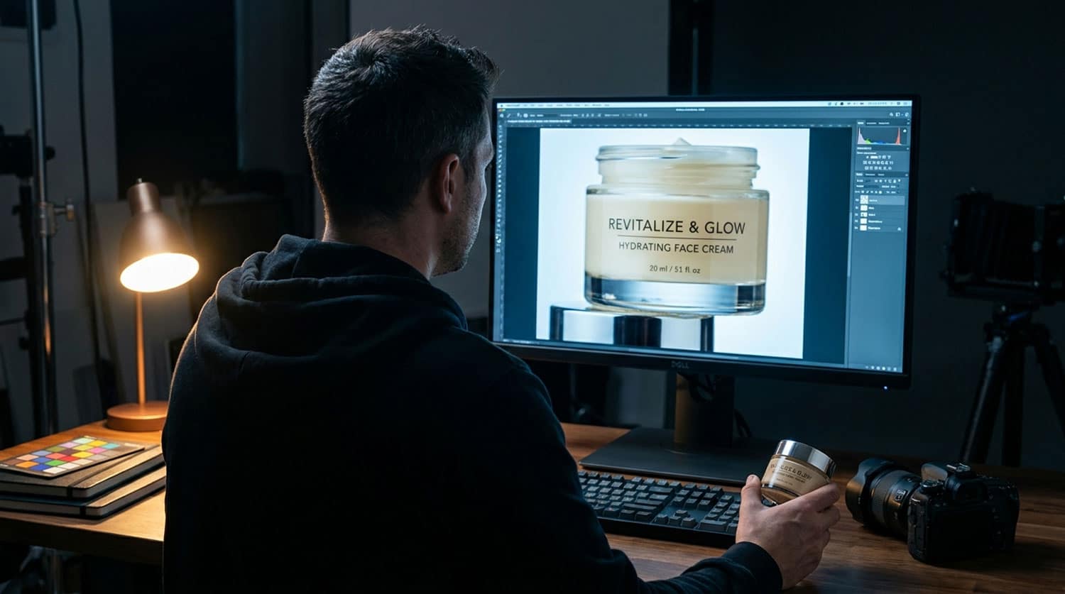 AI product photography mistakes — photographer reviewing product image at colour-calibrated monitor